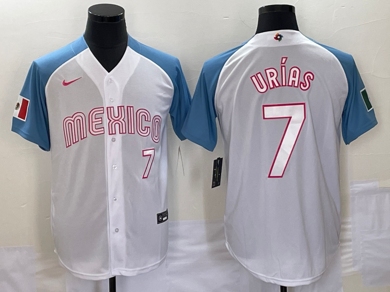 Men's Mexico Baseball #7 Julio Urías 2023 White Blue World Baseball Classic Stitched Jersey Men's Mexico Baseball #7 Julio Urías 2023 White Blue World Baseball Classic Stitched Jersey